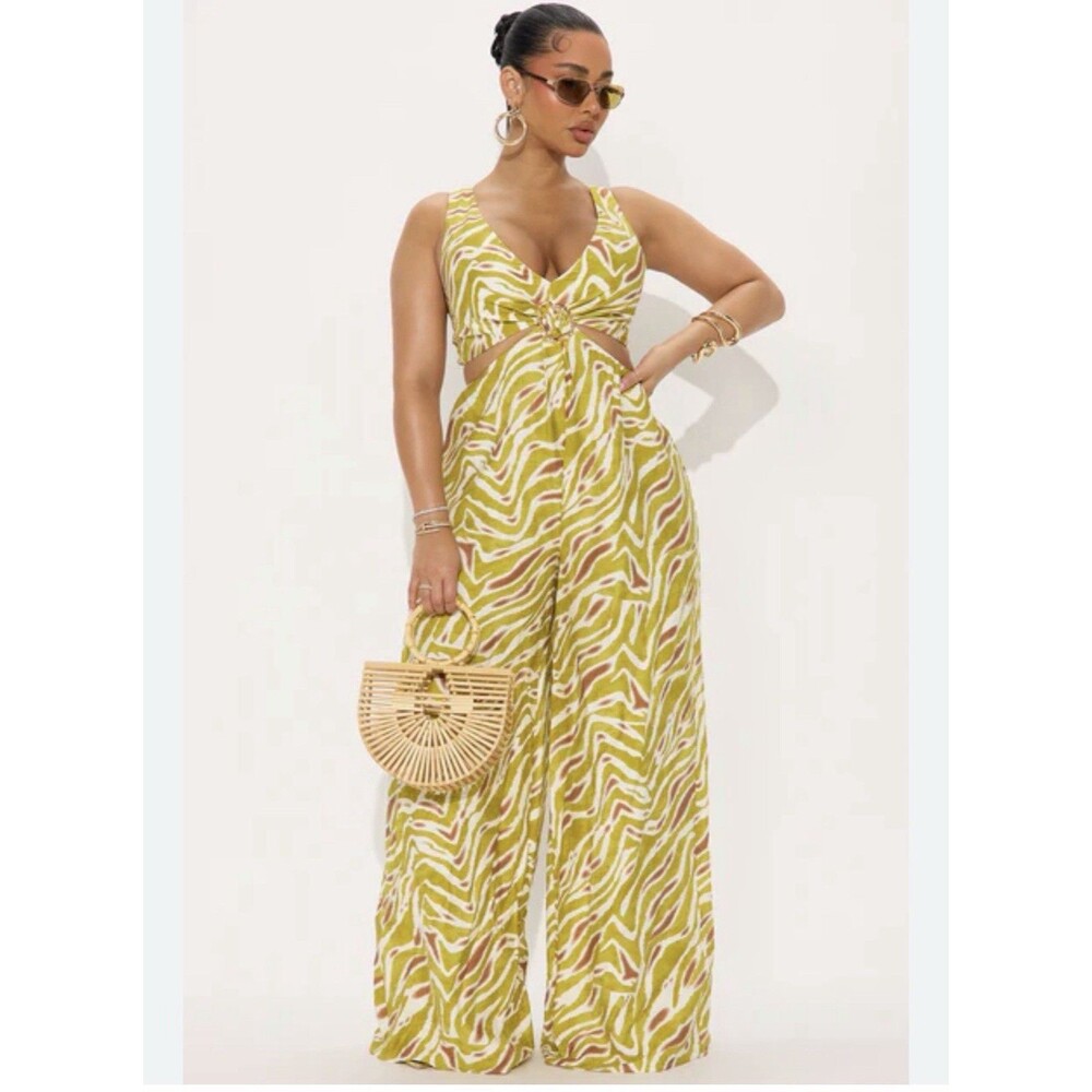 Fashion Nova Kallia Cut-Out Animal Print Lace-Up Jumpsuit XS Yellow White Brown
